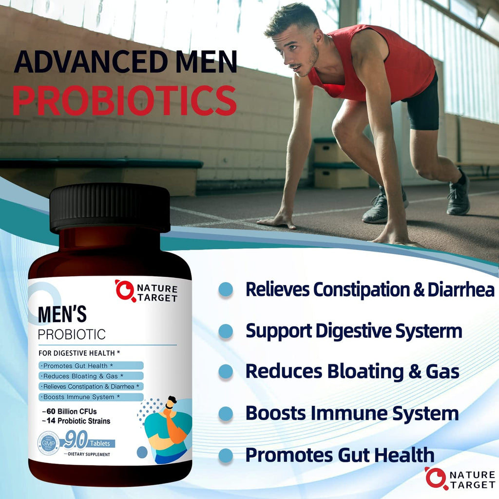 NATURE TARGET Probiotics for Men with Men Care Supplement, Prebiotics & Probiotic for Men's Digestive and Immune Health,60 Billion CFUs & 14 Strains Shelf Stable,