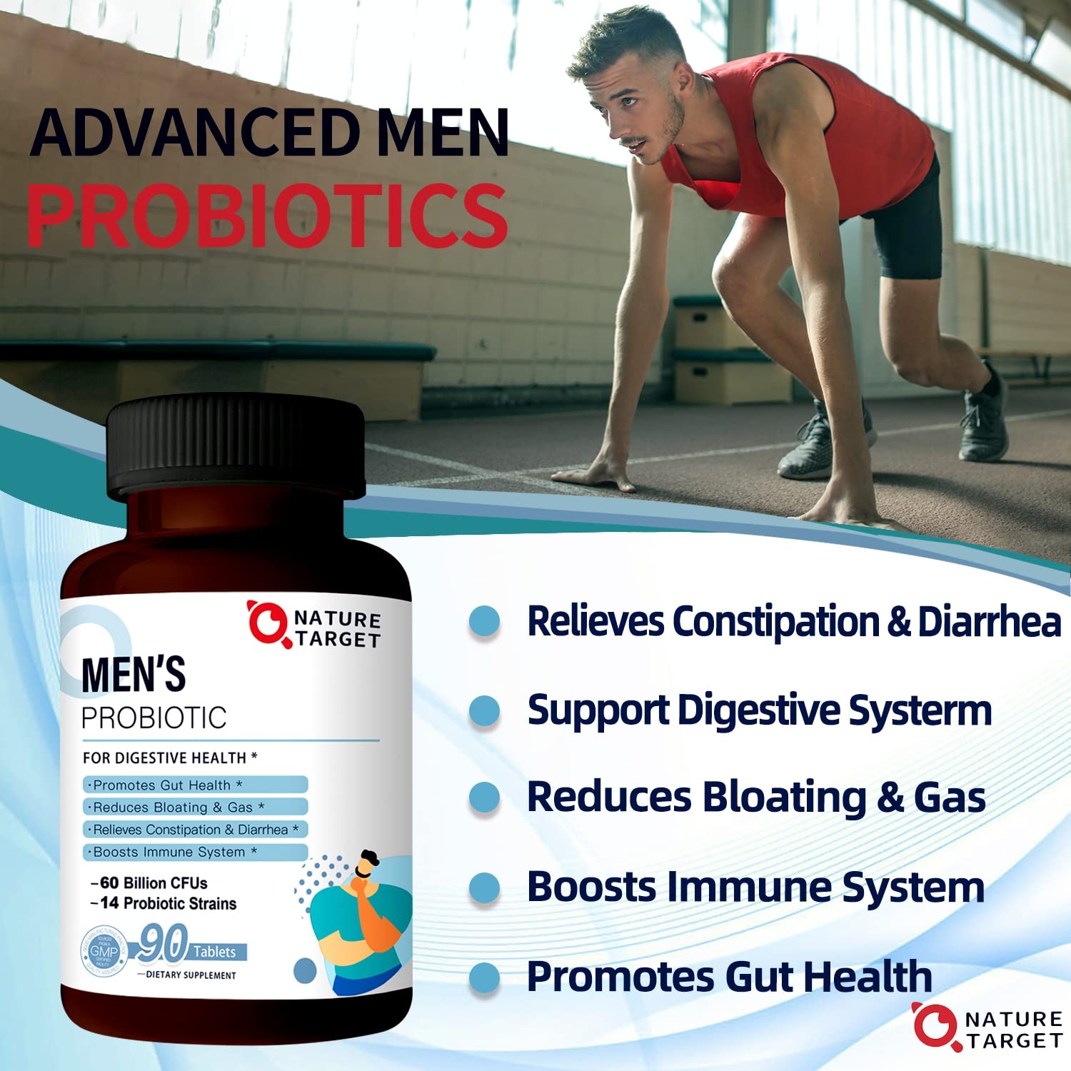 NATURE TARGET Probiotics for Men with Men Care Supplement, Prebiotics & Probiotic for Men's Digestive and Immune Health,60 Billion CFUs & 14 Strains Shelf Stable,