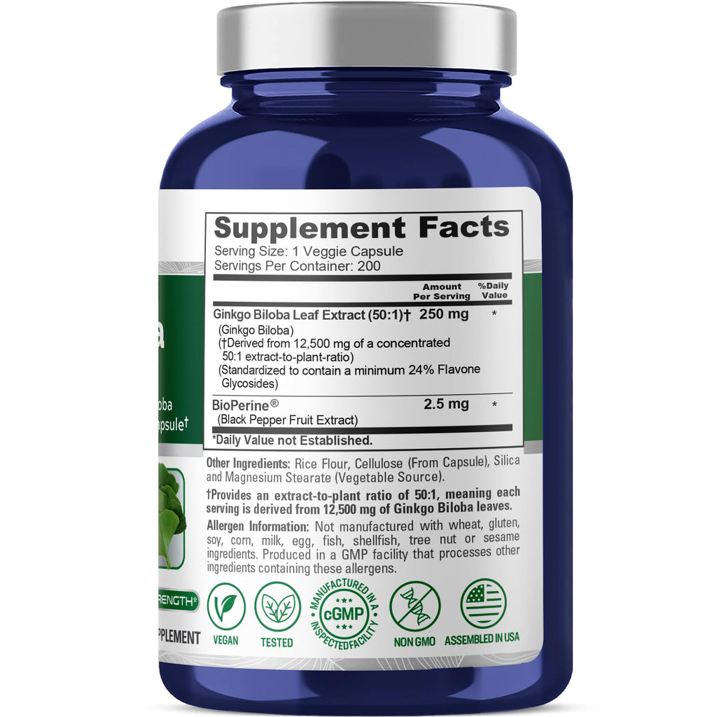 NusaPure Ginkgo Biloba 50:1 Extract, 250 mg Equivalent to 12,500 mg per Veggie Caps 200 Capsules (Vegetarian, Non-GMO, Vegan) Bioperine NusaPure Au supplements