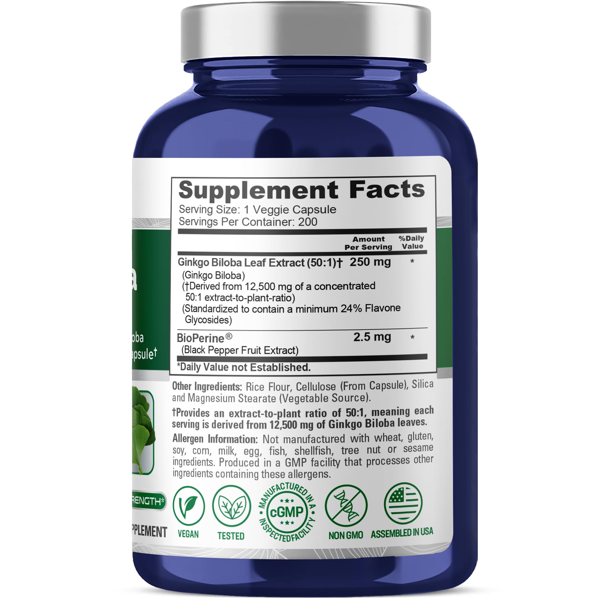 NusaPure Ginkgo Biloba 50:1 Extract, 250 mg Equivalent to 12,500 mg per Veggie Caps 200 Capsules (Vegetarian, Non-GMO, Vegan) Bioperine NusaPure Au supplements