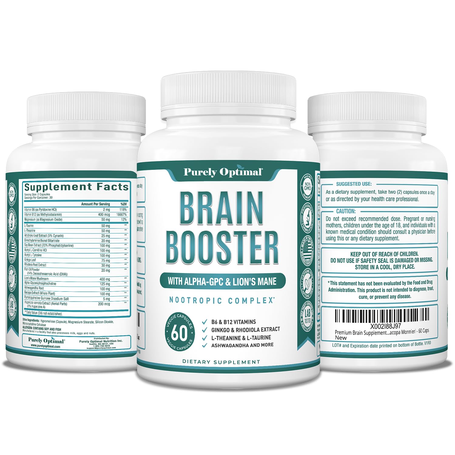 Purely Optimal Brain Booster Nootropic Supplement – Brain Support for Memory, Focus, Clarity, Jitter-Free Energy for Adults, Seniors– with Ginkgo Biloba, Alpha GPC, Lion’s Mane – 60 Capsules Purely Optimal Au supplements