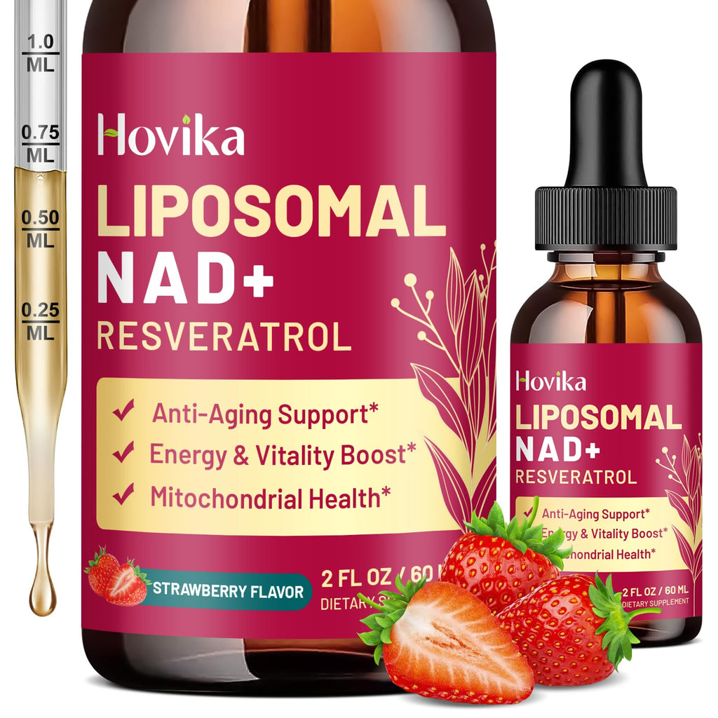 Liposomal NAD Supplement - 1200mg NAD+ Liquid Drops for Women & Men with Resveratrol, Black Pepper Extract - Support Anti-Aging, Brain & Cellular Mitochondrial Health - 2 Fl Oz, Strawberry Flavor Hovika Au supplements