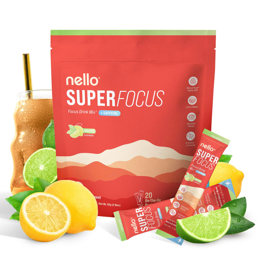 Nello Superfocus Mojito with Caffeine Nootropic Focus Drink Mix, 20 On-The-Go Packets, Alpha GPC, Lions Mane, Rhodiola, Sugar-Free Nello Au supplements
