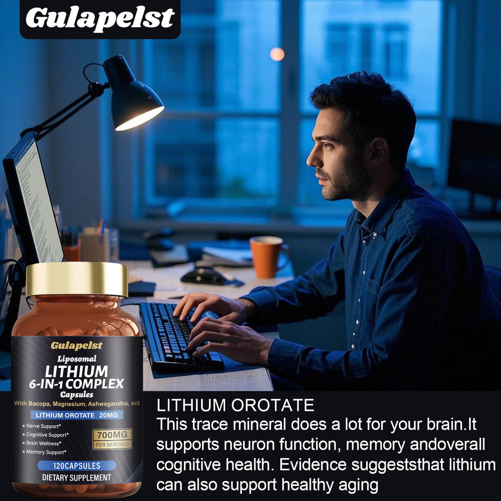 Lisopomal Lithium Orotate Complex Capsules, Lithium Orotate 20 mg, Magnesium Glycinate & Ashwagandha, Brain Health Supplements for Cognitive, Mood & Memory