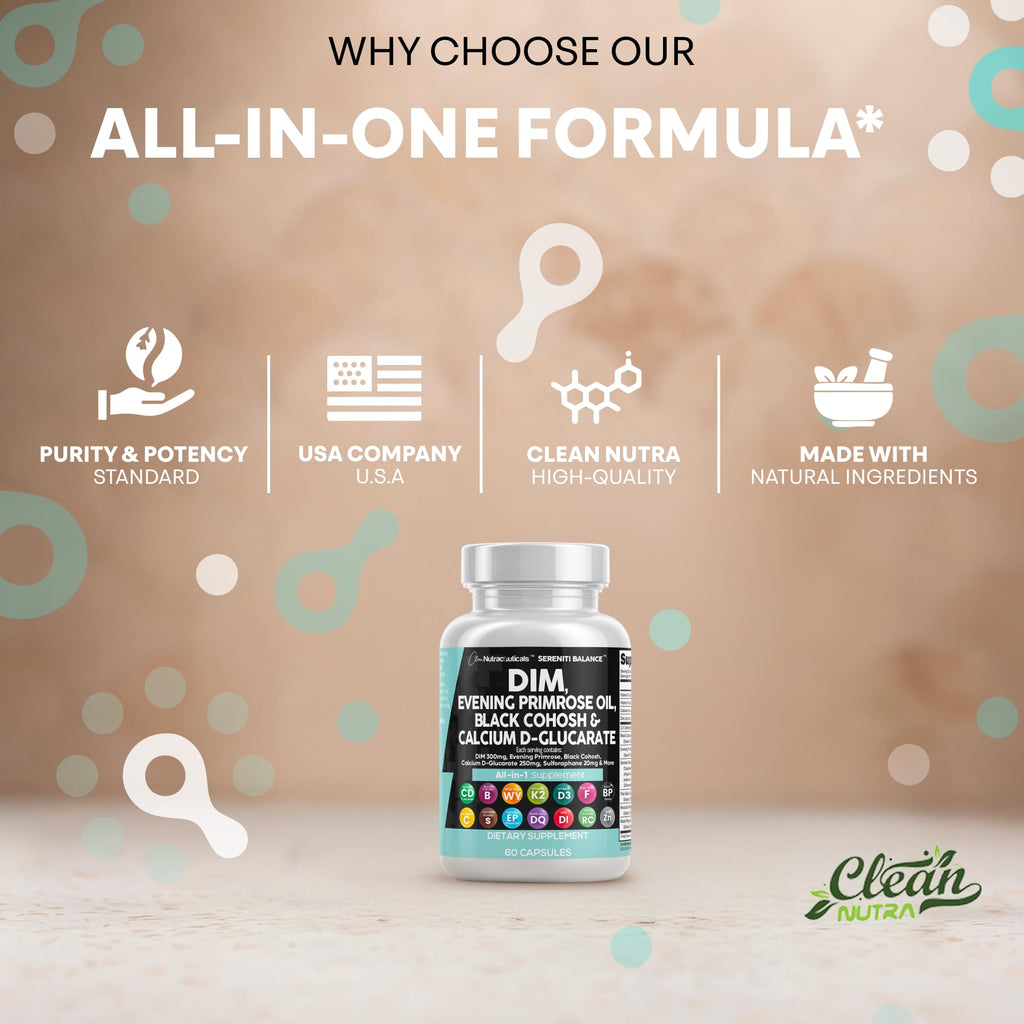 Clean Nutraceuticals DIM Evening Primrose Black Cohosh Calcium D-Glucarate Sulforaphane Flax Seed Extract - Hormonal Support Vitamins for Women with Dong Quai - 60 Caps Clean Nutraceuticals Au supplements