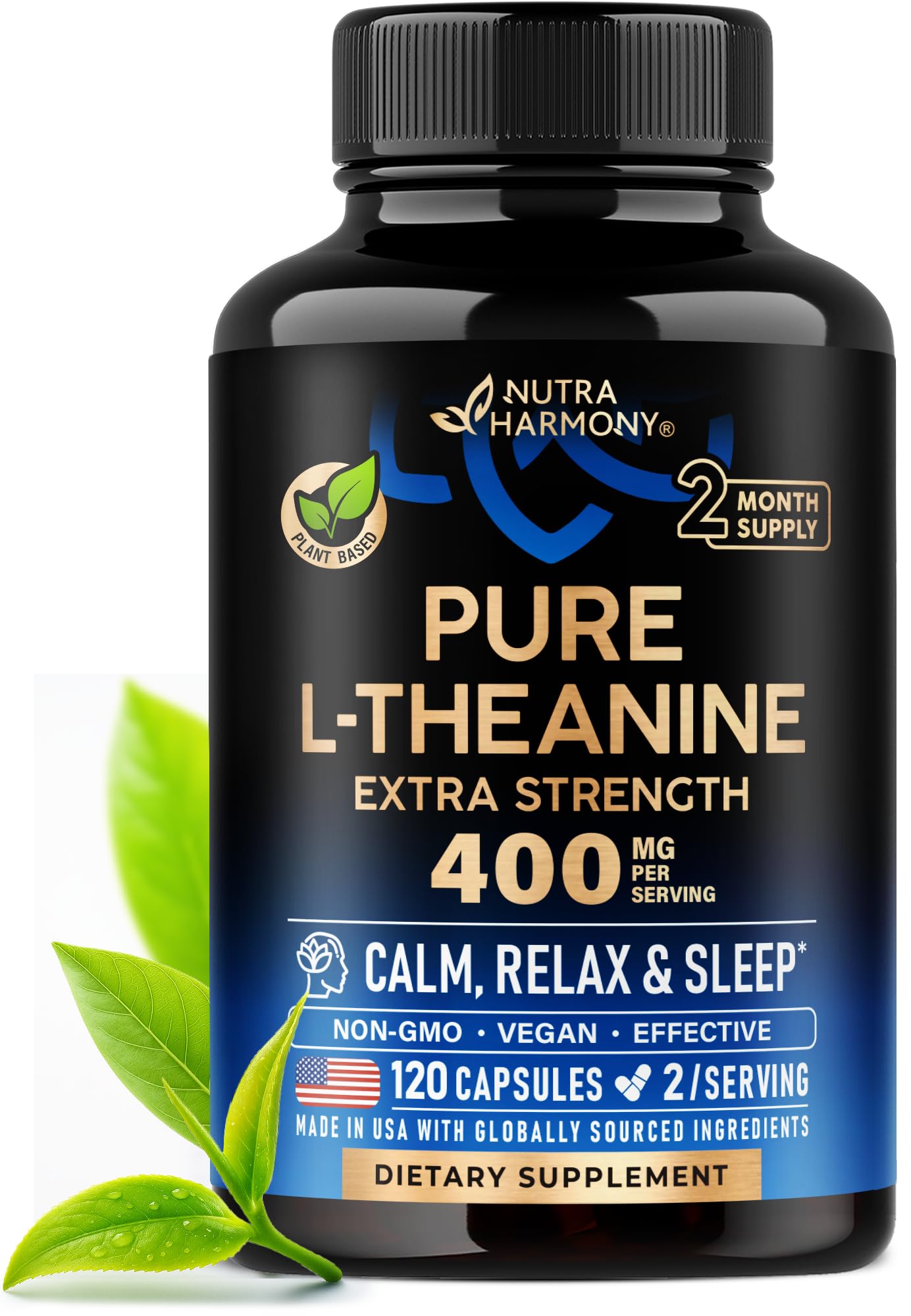 L Theanine 400 mg | L-Theanine Stress Relief | Extra Strength Supplement | Made in USA | Relaxation, Sleep & Calm Support | For Men & Women | Plant Based