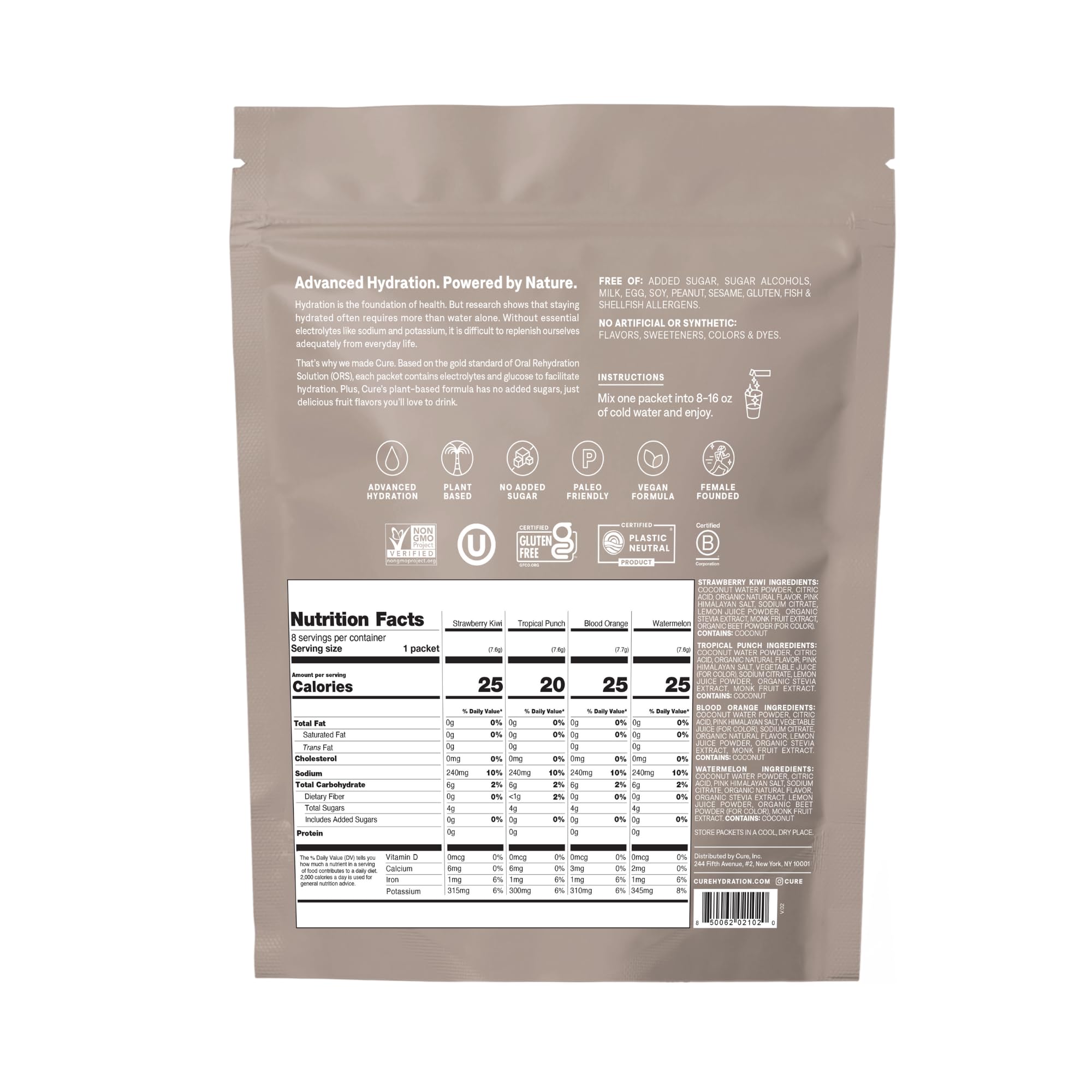 Cure Hydration | Plant-Based Electrolyte Drink Mix | No Added Sugar | FSA-HSA | Dehydration Relief Powder Made with Coconut Water | Non-GMO | Vegan