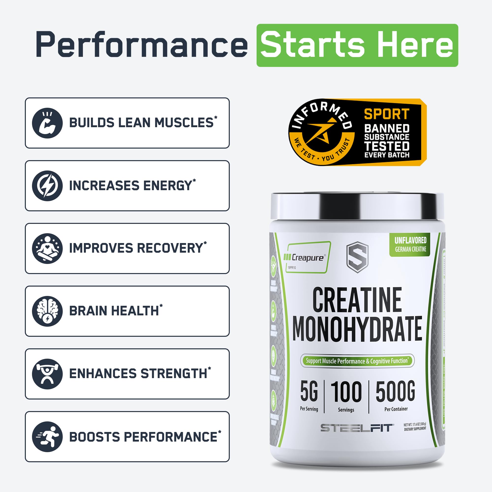 SteelFit Creapure Creatine Monohydrate Powder, Unflavored - German Micronized Creatine Powder for Men & Women - Gym Workout Nutritional Supplements for Muscle Gain
