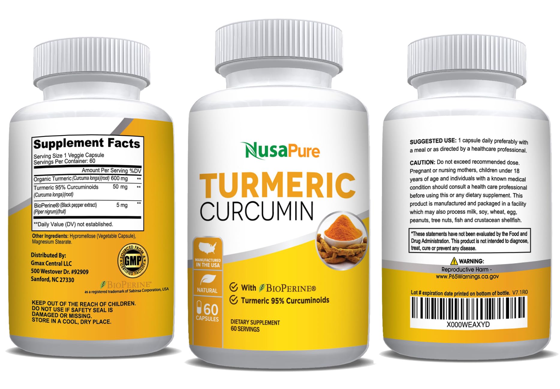 NusaPure Turmeric Curcumin 600 mg 60 Capsules Turmeric 95% Curcuminoids Dietary Supplement NusaPure Au supplements