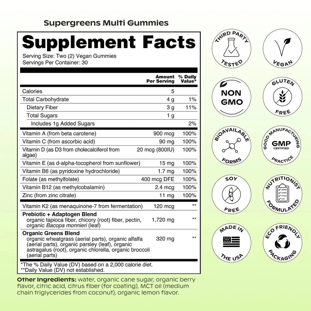 wholier Supergreens Multi Gummies, Daily Greens with Prebiotics, Fiber, Adaptogens, Plant-Based Multivitamin with 9 Essential Vitamins wholier Au supplements