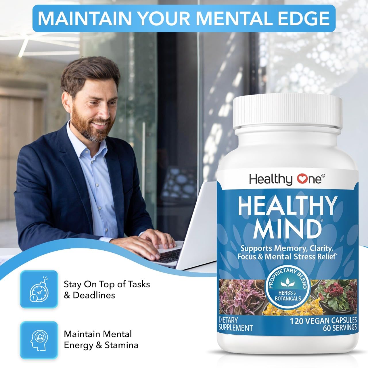 Healthy Mind - Safe for Teens - Brain Fog - Cognitive Function - Concentration - Focus - Neural Optimization - Mood - Ginkgo Biloba - Ginseng - Rhodiola - Bacopa - Gotu Kola - Green Tea - 60 Count Healthy One Au supplements
