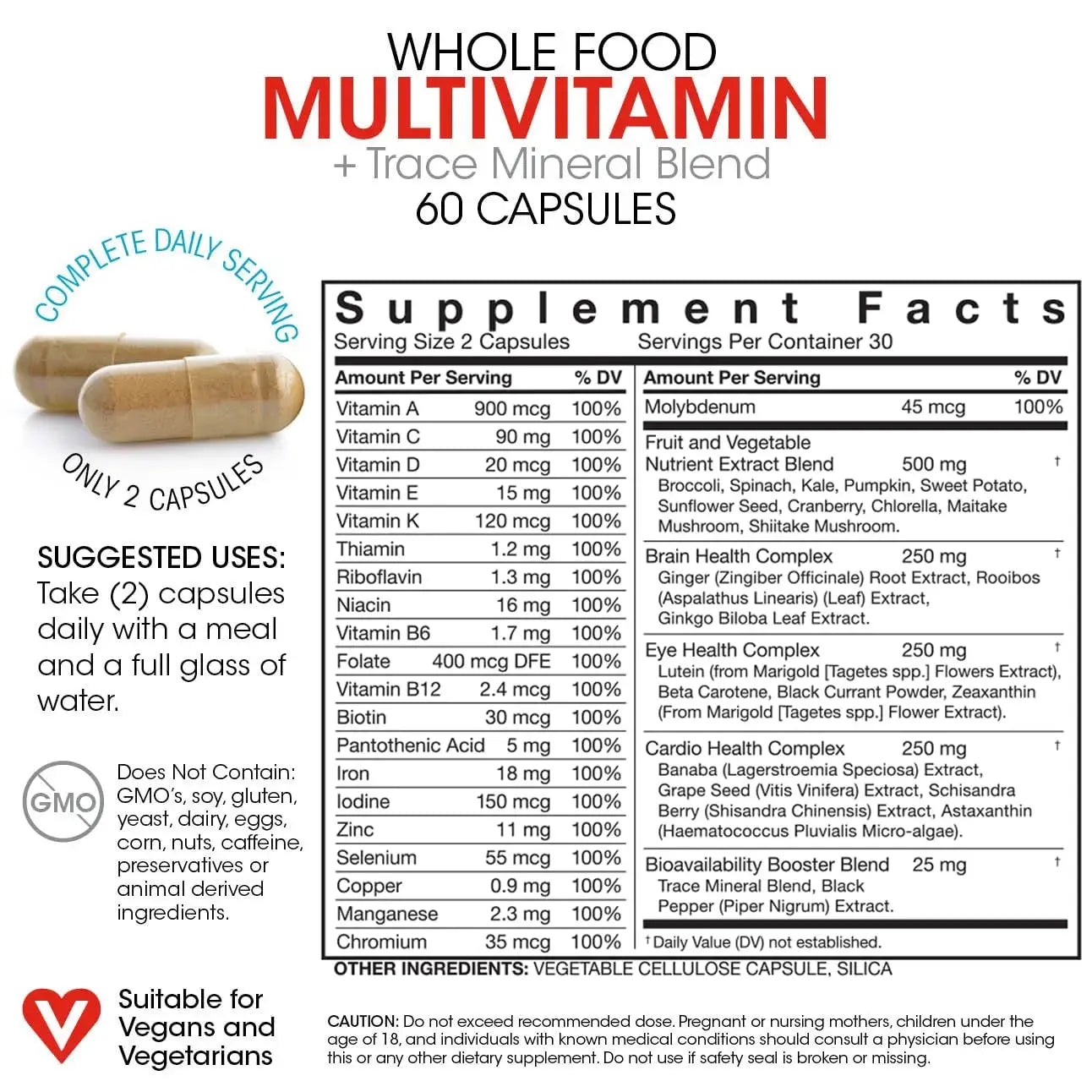 Silver Fern Whole Food Daily Multi Vitamin w/Trace Mineral Blend Supplement - 1 Bottle - 60 Vegicaps - 30 Day Supply - Natural Silver Fern Au supplements