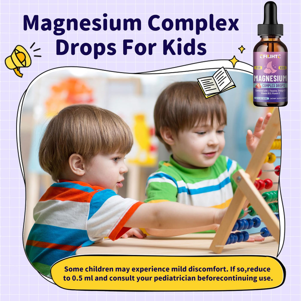 Kids Magnesium Liquid Drops-Magnesium Glycinate Liquid for Kids Supplement-w/L-theanine, Omega-3, Vitamin B6, D3 - for Sleep, Relaxation, Brain, Bones