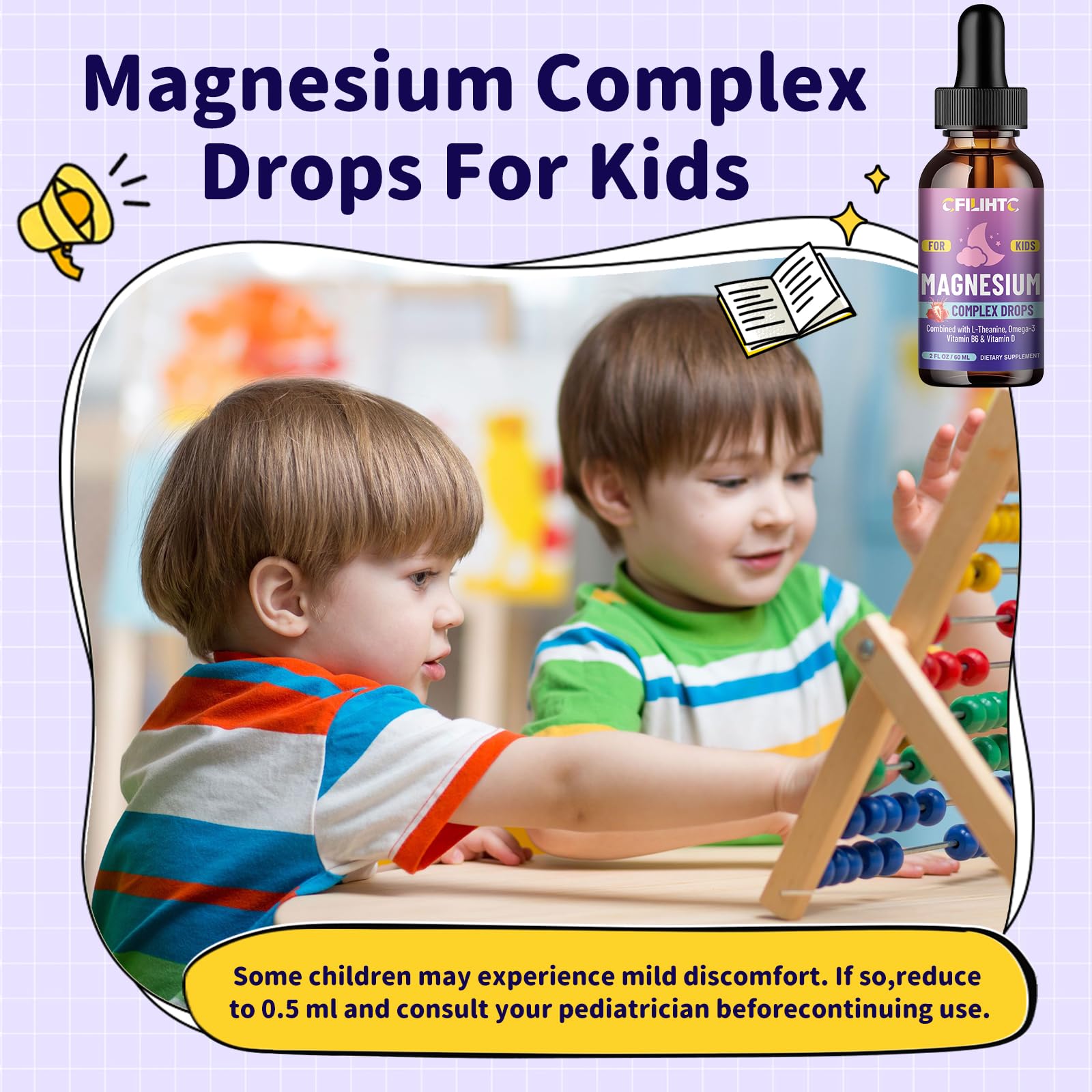 Kids Magnesium Liquid Drops-Magnesium Glycinate Liquid for Kids Supplement-w/L-theanine, Omega-3, Vitamin B6, D3 - for Sleep, Relaxation, Brain, Bones