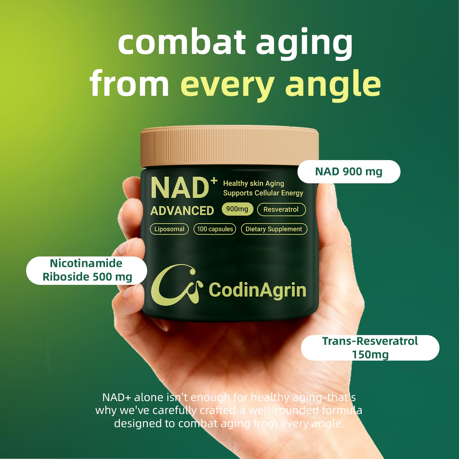 CodinAgrin NAD+ Supplement with Resveratrol 900mg Nicotinamide Adenine Dinucleotide Complex for Cellular Energy Repair, Anti-Aging & Mental Clarity Support, Non-GMO, Vegetarian Friendly, 100 Capsules CodinAgrin Au supplements