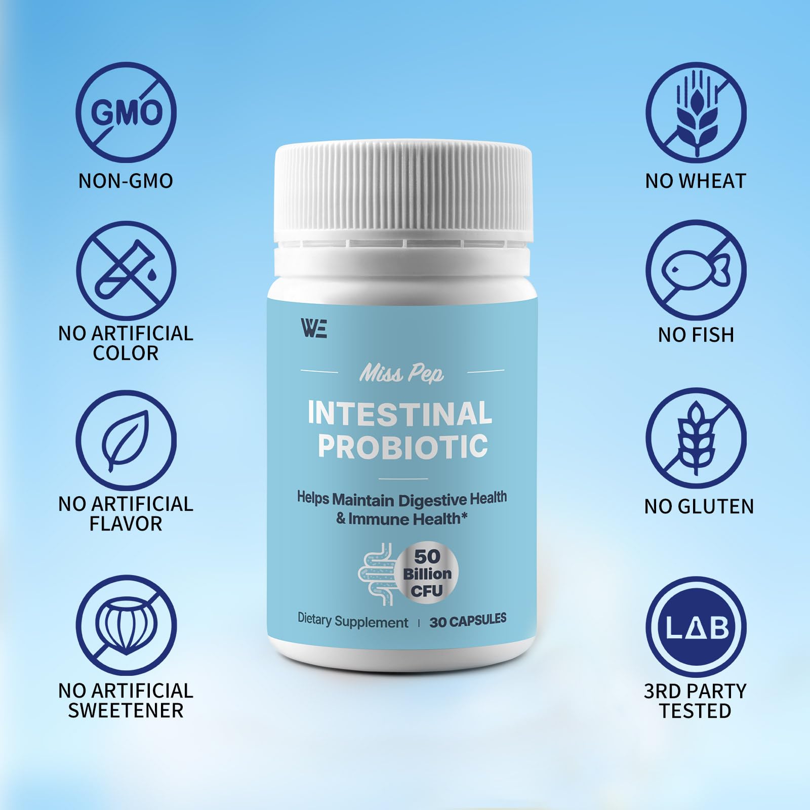 MISS PEP Probiotics 50 Billion CFU - 8 Unique Strains + 3 Prebiotics - Immune, Digestive & Gut Health - Supports Occasional Constipation, Diarrhea, Gas & Bloating - Probiotics for Women & Men - 30ct MISS PEP Au supplements