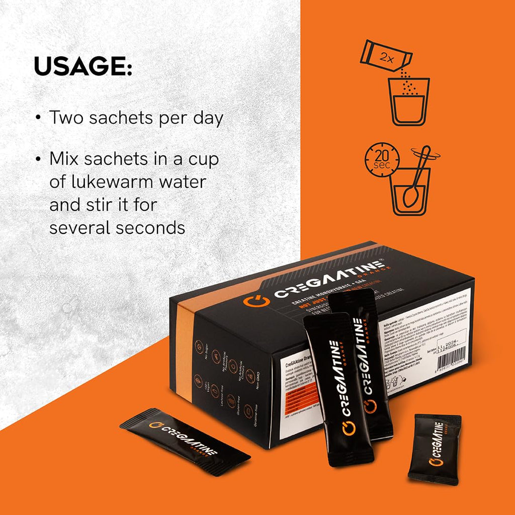 CreGAAtine Micronized Creatine Monohydrate + GAA | Increase Strength, No Water Retention | Boosts Memory & Focus | Single-Serve Packets | 60 Sachets, 30 Servings | (Sachets, Orange) CreGAAtine Au supplements