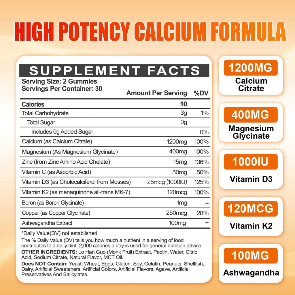 Calcium 1200 mg with Vitamin D3 Gummies for Adults - Calcium Citrate with Vitamin D3 K2, Magnesium, Zinc, Boron, Copper and Ashwagandha