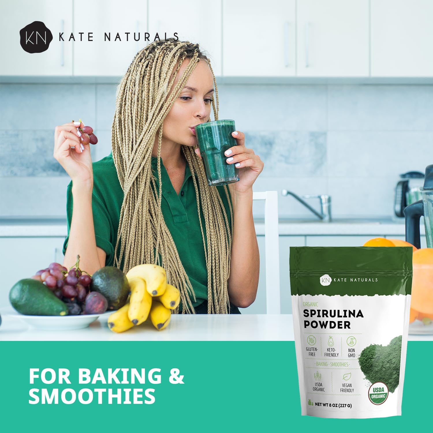 Kate Naturals Organic Spirulina Powder for Immune Support and Antioxidants. Nutrient Dense Superfood Supplement