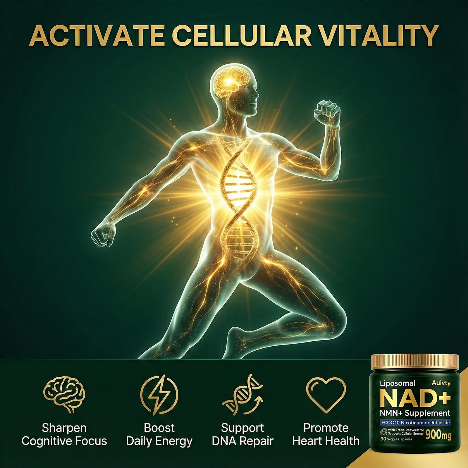 Auivty Liposomal NAD+ NMN Supplement with COQ10, Nicotinamide Riboside, Trans-Resveratrol, 900mg, 90 Veggie Capsules Auivty Au supplements