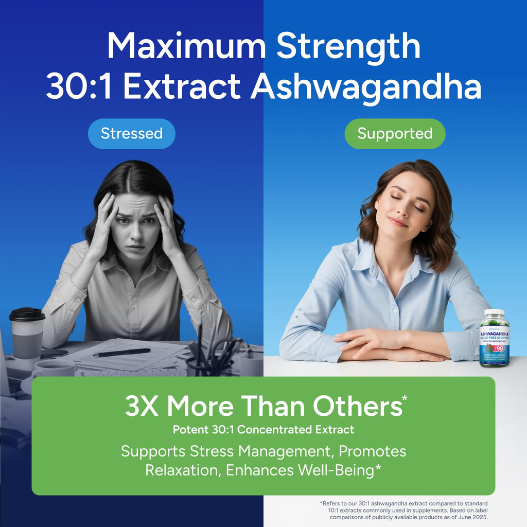 Sugar-Free Ashwagandha Gummies for Stress, Sleep & Mood Support - High-Potency 30:1 Ashwagandha Supplement Extract - Vegan Adaptogen Supplement for Women & Men, Natural Flavor, Plant-Based, 90 Gummies Purify Life Au supplements