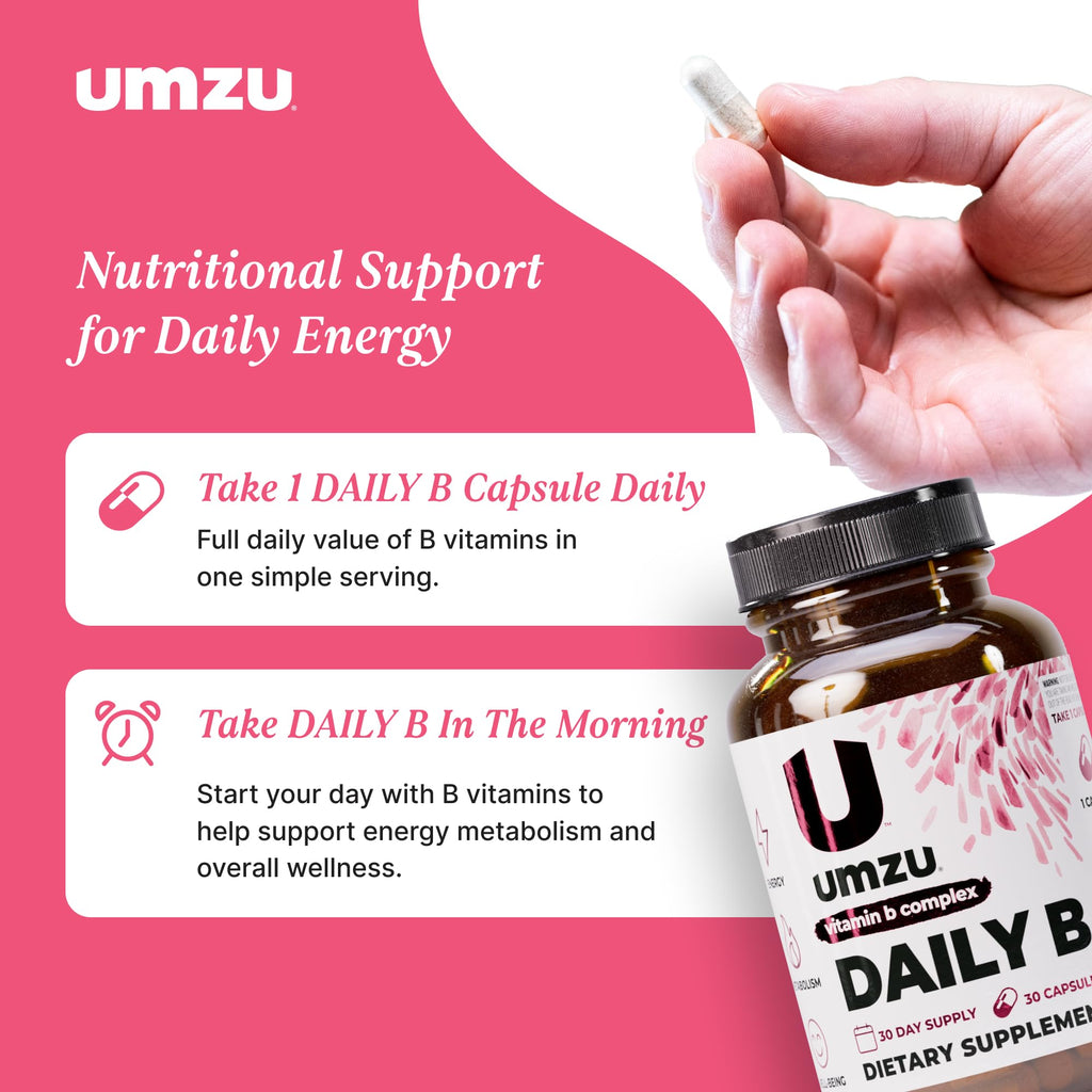 UMZU Daily B, 30 Day Supply – Complete Vitamin B Complex Supplement Blend with B1, B2, B3, B5, B6, B7, B9 & B12 Plus Folic Acid & Biotin – Supports Energy, Focus, Mood,