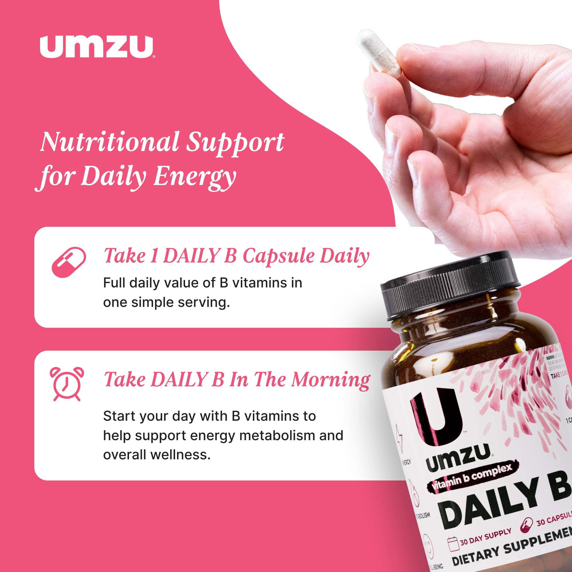 UMZU Daily B, 30 Day Supply – Complete Vitamin B Complex Supplement Blend with B1, B2, B3, B5, B6, B7, B9 & B12 Plus Folic Acid & Biotin – Supports Energy, Focus, Mood,