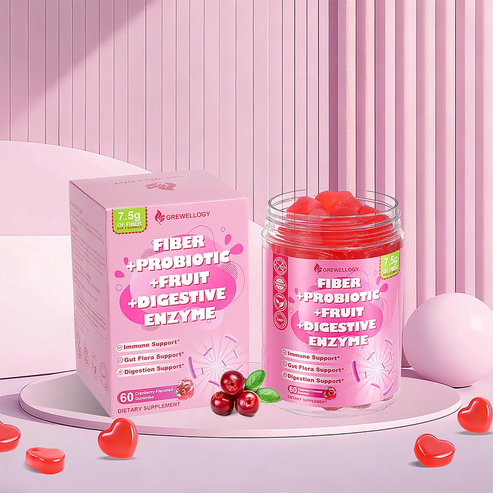 Fiber Gummies 7500mg, Probiotics & Digestive Enzymes, Sugar-Free, Vegan & Gluten-Free Supplement for Gut Health, Bloating Support & Regularity,
