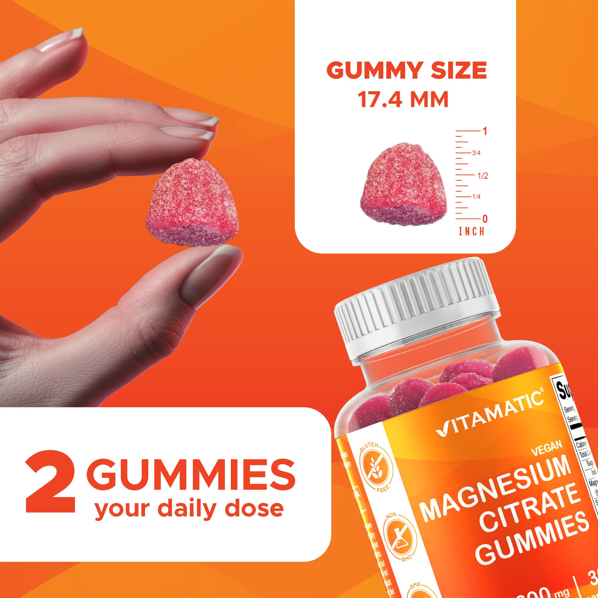 Vitamatic Magnesium Gummies 600mg per Serving – 60 Vegan Gummies – Relaxation, Muscle, Bone & Energy Support – 3 Pack
