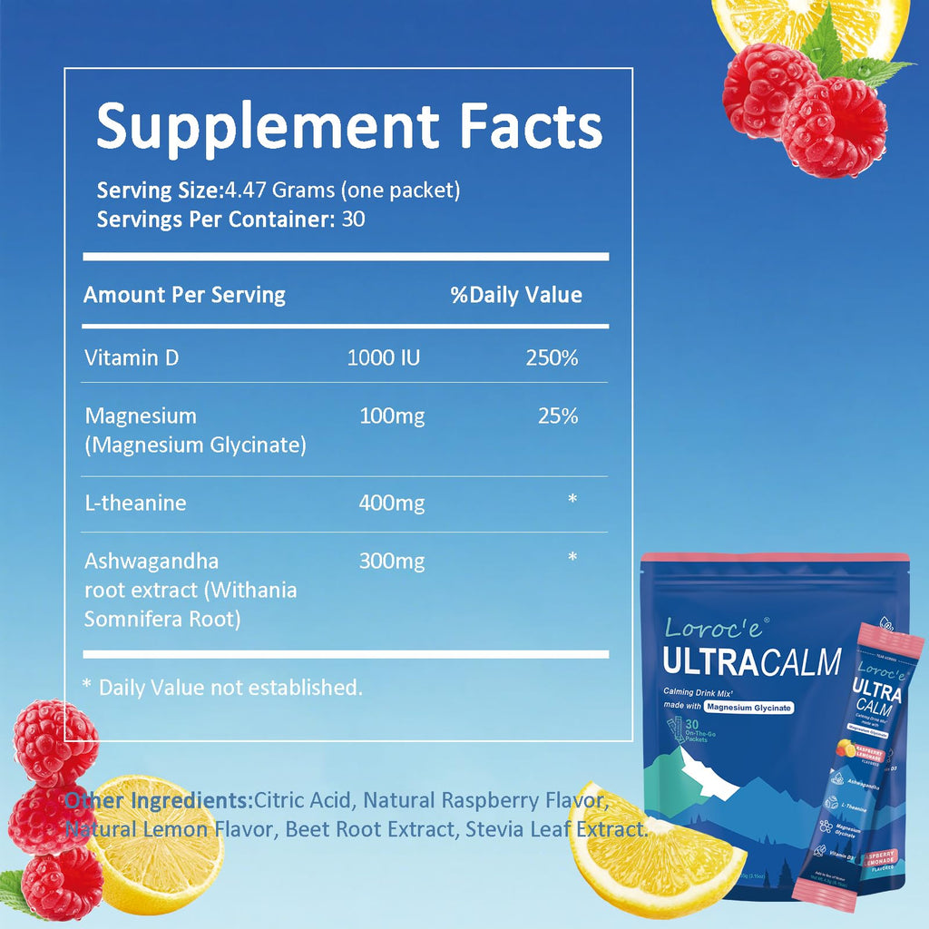 Loroc'e UltraCalm Super Cortisol Reducer Drink, Magnesium Glycinate (30 Servings), L-theanine, Ashwagandha, Vitamin D, No Sugar,