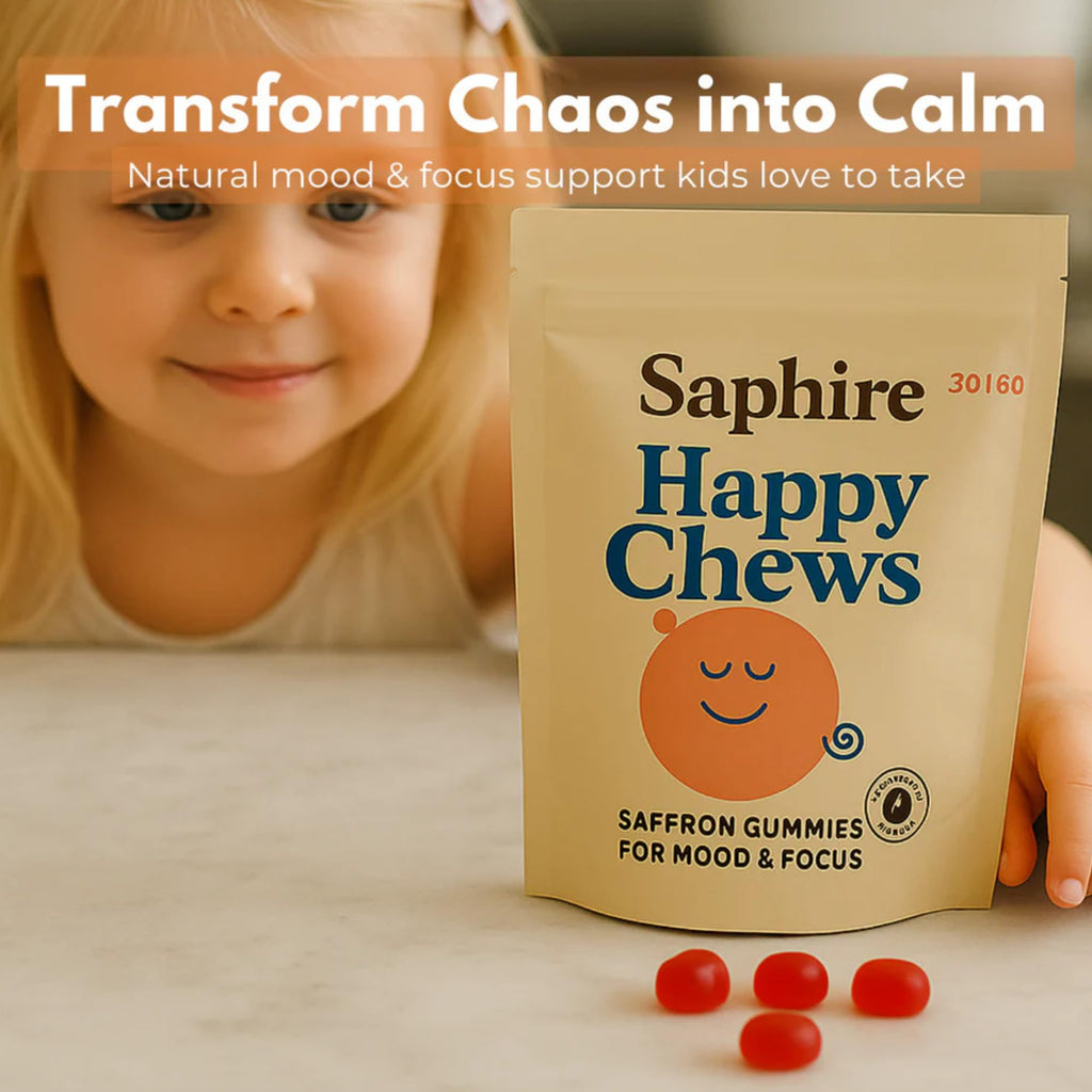 SAPHIRE HAPPY CHEWS Saffron Gummies for Kids | Supports Mood, Calm & Focus | Saffron Extract, Passionflower, St. John’s Wort & GABA