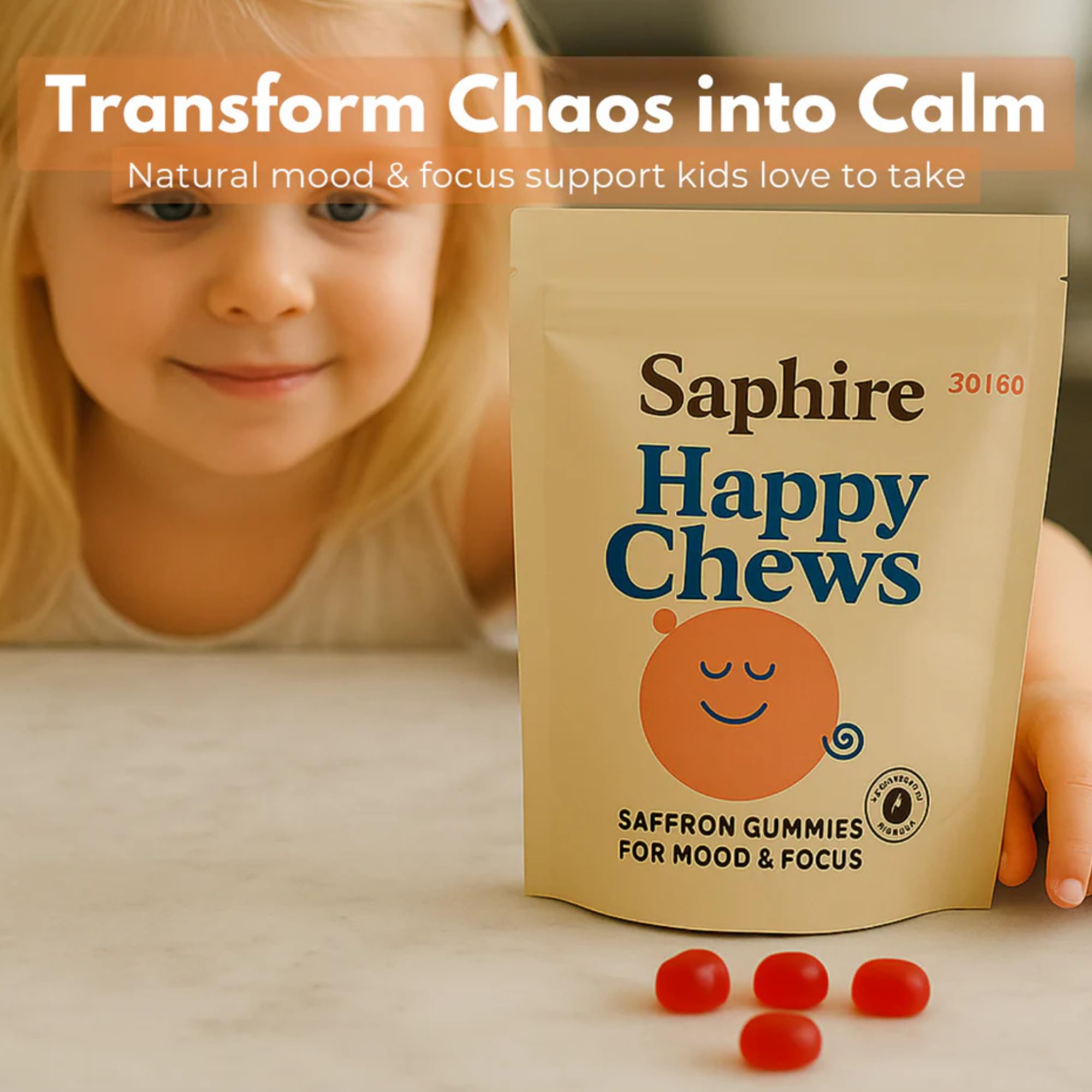 SAPHIRE HAPPY CHEWS Saffron Gummies for Kids | Supports Mood, Calm & Focus | Saffron Extract, Passionflower, St. John’s Wort & GABA