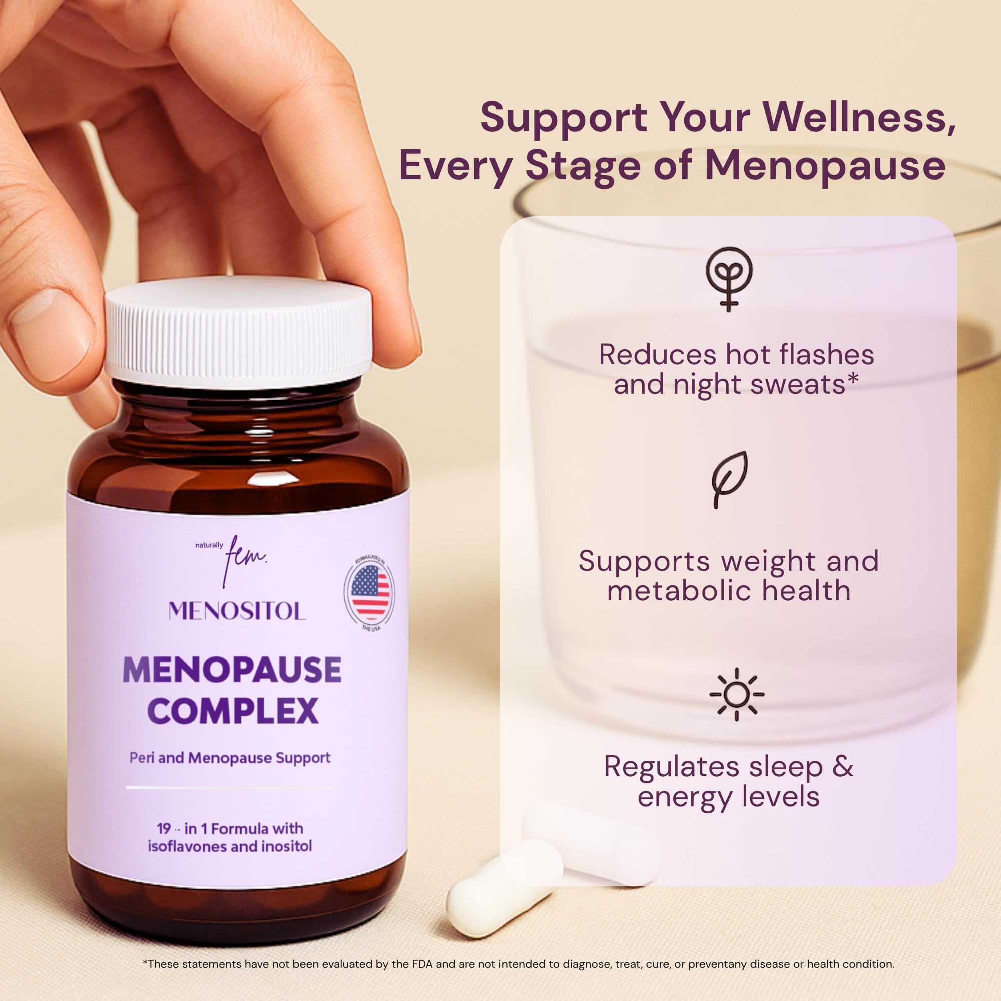 Inositol FEM Menositol 19-in-1 60Caps, Perimenopause & Menopause Supplements for Women Weight Loss with Myo-Inositol, D-chiro and Isoflavones, Control Metabolic Health, 100% Natural, Hormone, SoyFree QSTA Au supplements