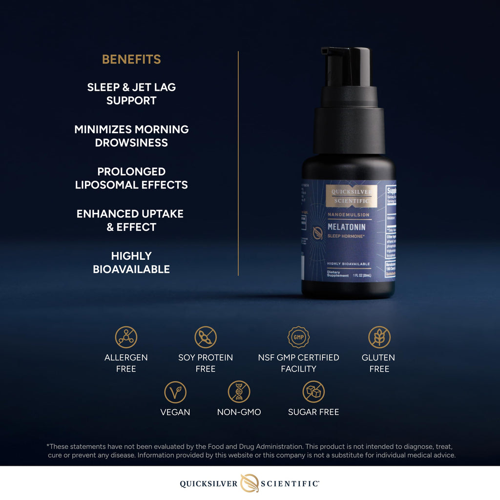 Quicksilver Scientific Liposomal Melatonin - Bedtime, Jet Lag & Immune Support Liquid for Adults - Efficient, Superior Absorption 1mg to Minimize Morning Drowsiness (30 ml) Quicksilver Scientific Au supplements