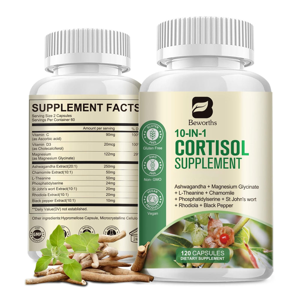 B BEWORTHS Cortisol Supplements for Women Men, 10-in-1 Cortisol Detox with Ashwagandha, Magnesium, L-Theanine, Balanced Cortisol Levels, Night & Calm Support, 120 Vegan Capsules B BEWORTHS Au supplements