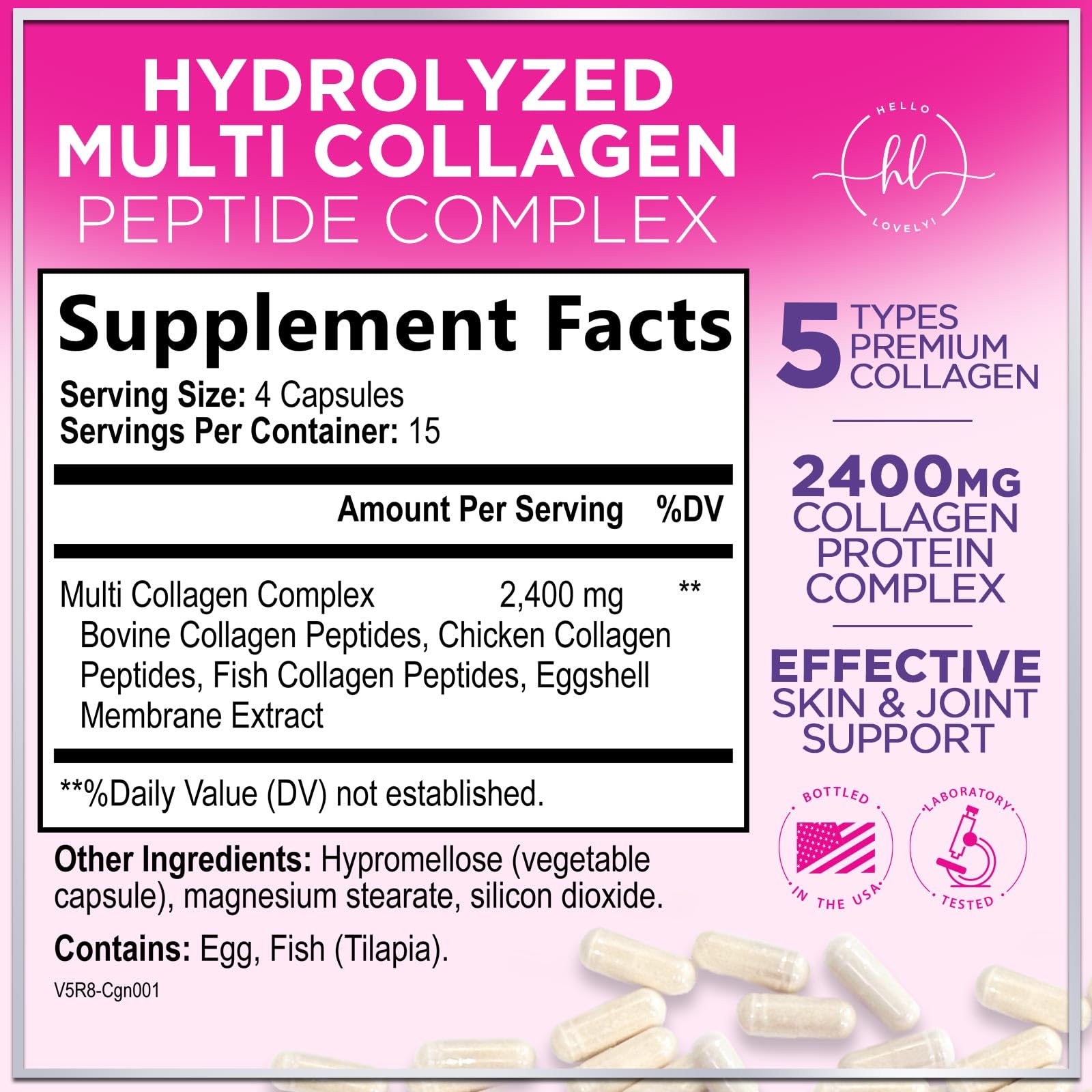 Multi Collagen Supplement 2400 mg - Types I, II, III, V & X Multi Collagen Peptides Pills for Women & Men, Hydrolyzed Collagen Supplements, Hair, Skin, Nail, & Joint Support Supplement, 60 Capsules Hello Lovely! Au supplements