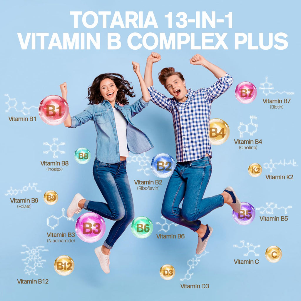 13-in-1 Vitamin B Complex Plus with Vitamin B1, B2, B3 (Niacinamide), B4, B5, B6, B7 (Biotin), B8 (Inositol), B9 (Folate), B12, C, D3, K2 - Energy, Nerve,