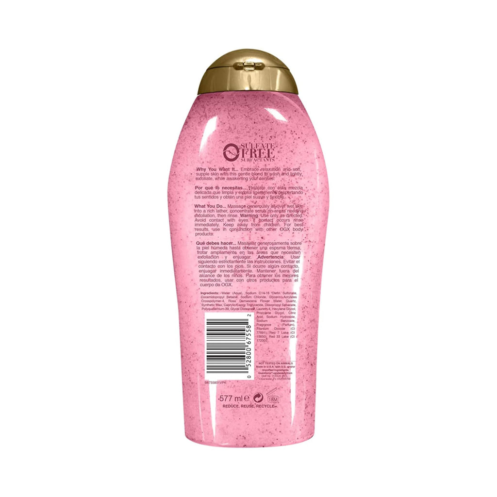 OGX Sensitive + Rose Water & Pink Sea Salt Exfoliating Body Scrub + Rose Quartz, Gentle Exfoliating Daily Body Wash Softens Skin