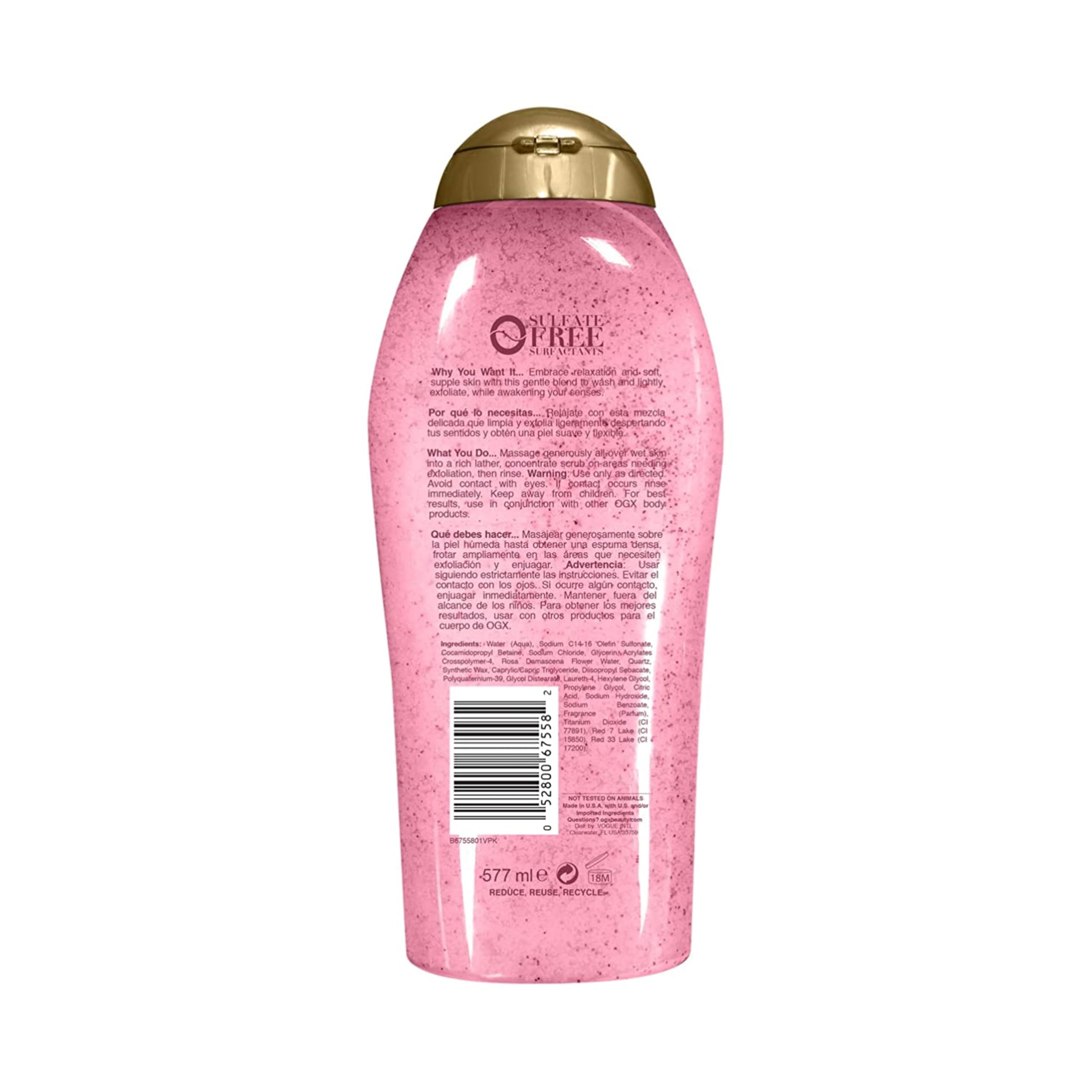 OGX Sensitive + Rose Water & Pink Sea Salt Exfoliating Body Scrub + Rose Quartz, Gentle Exfoliating Daily Body Wash Softens Skin