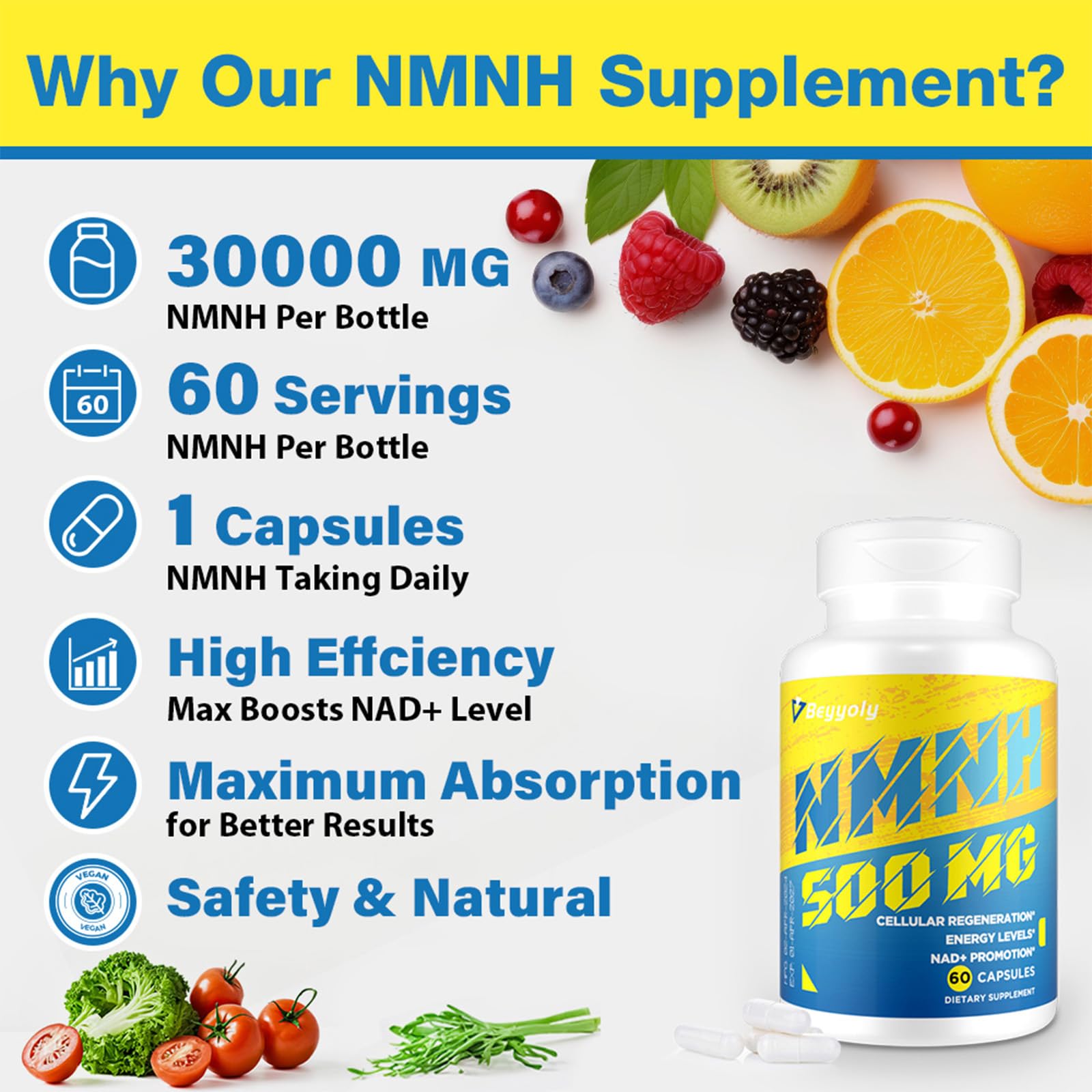 NMNH (NMN Supplement Alternative) NAD Supplements for Anti Aging, Energy, Immune, Focus (Dihydronicotinamide Mononucleotide) 500mg, to Boost NAD+ Levels As We Age, Pure Organic - 60 Capsules Beyyoly Au supplements