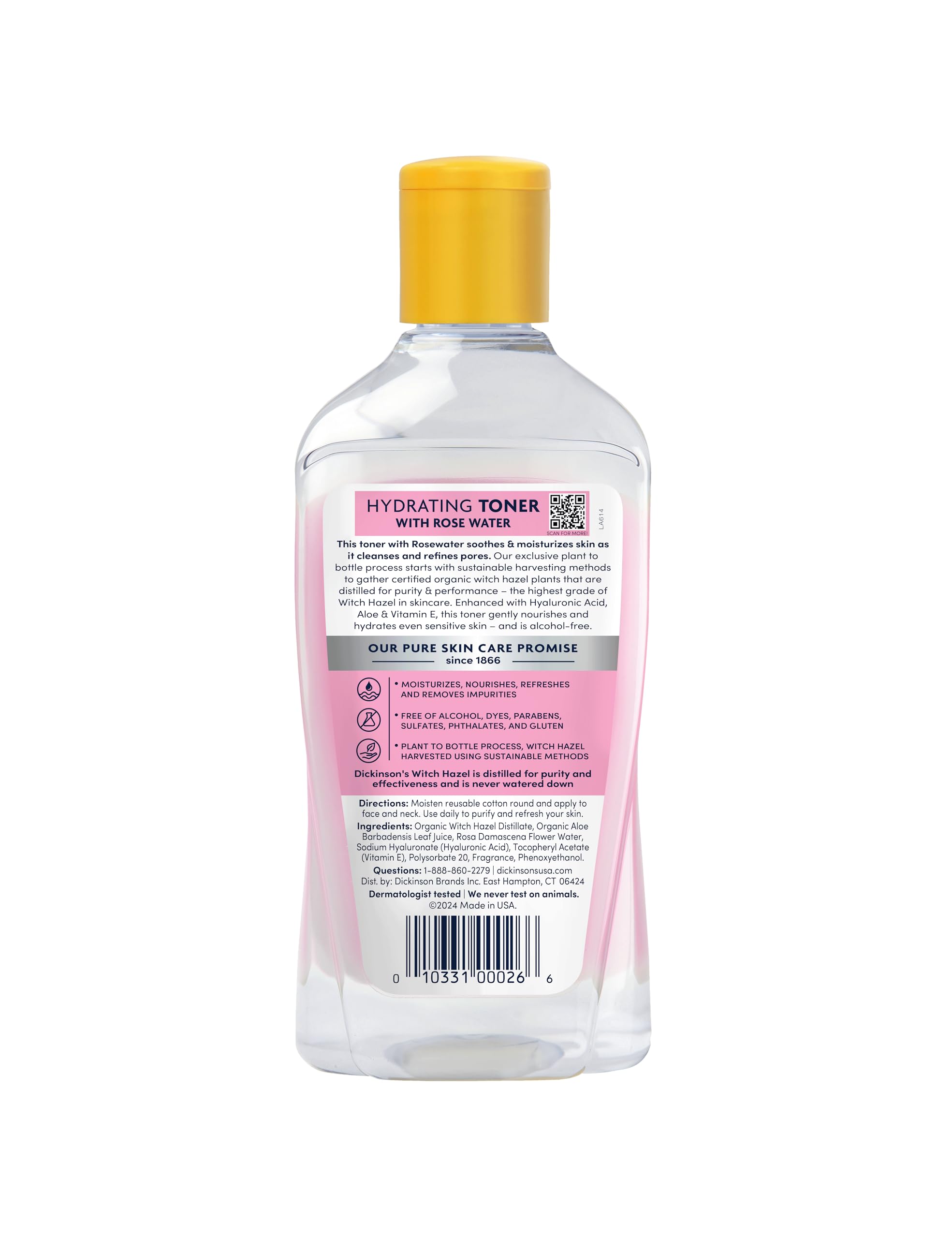 Dickinson's Enhanced Witch Hazel Hydrating Toner with Rosewater, Alcohol Free, 98% Natural Formula, 16 Fl Oz (Pack of 1)