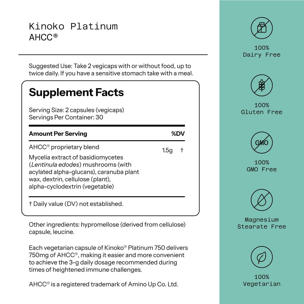 Quality of Life Premium Kinoko Platinum AHCC Herbal Supplement, 750mg per Capsule, for Immune Support, Liver Function, Maintains Natural Killer Cell Activity