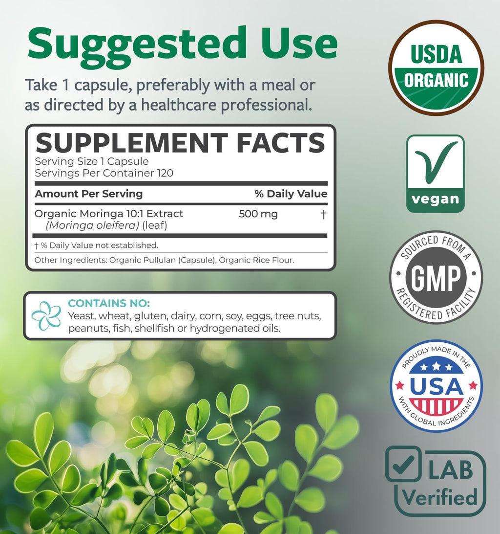 USDA Organic Moringa Capsules - High Potency Organic Moringa 500mg Extract 10:1 Per 1 Capsule Serving - Nutrient Dense Green Superfood Antioxidant