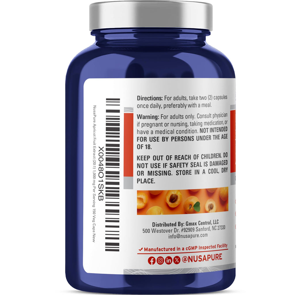 NusaPure Apricot 20:1 Extract, 1000 mg Equivalent to 20,000mg 150 Veggie Capsules (Vegan, Non-GMO) NusaPure Au supplements