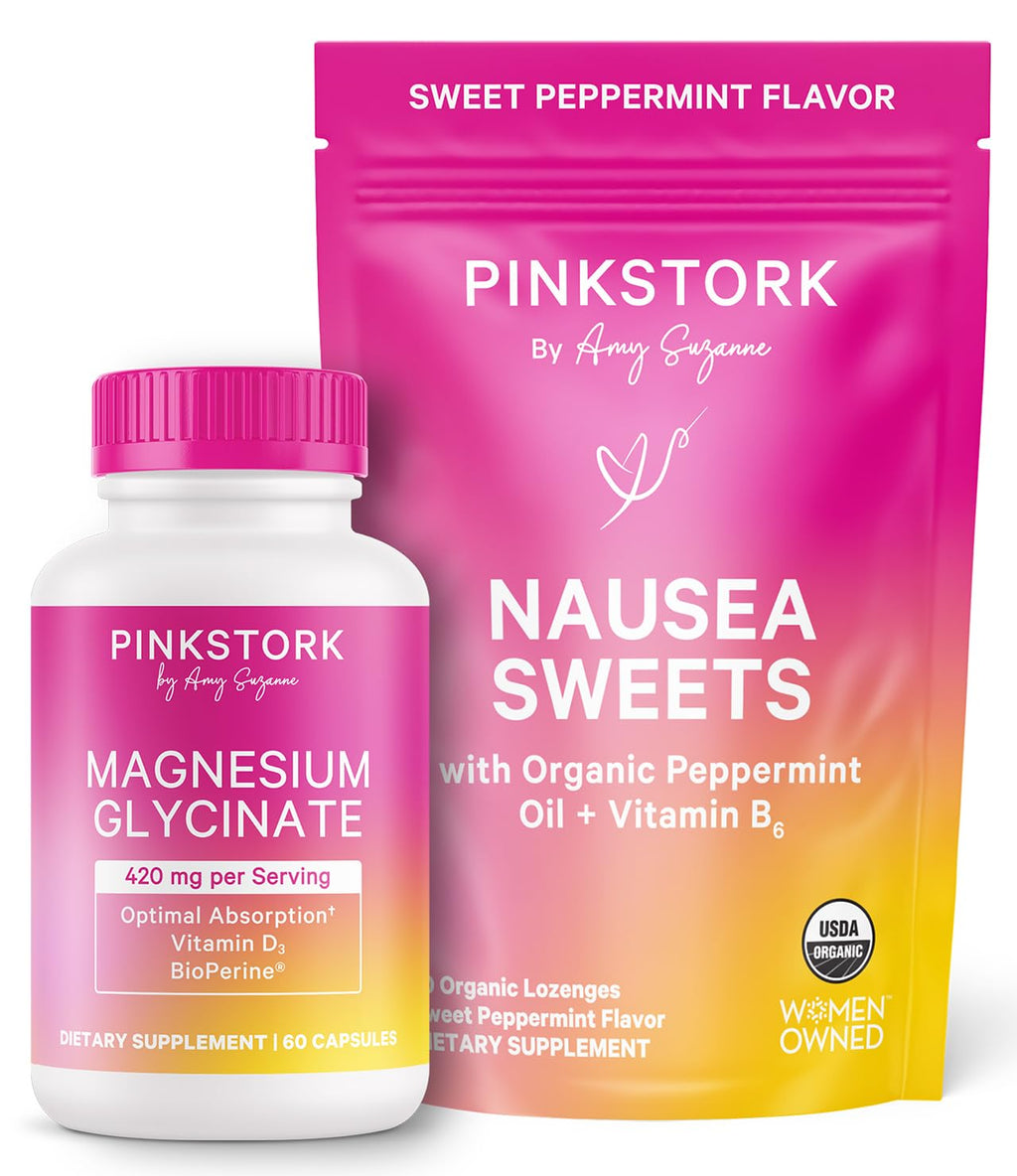 Pink Stork Mood and Stomach Relief Bundle - Magnesium Glycinate and Organic Peppermint Sweets for Morning Sickness and Motion Sickness, Mood Support Pink Stork Au supplements