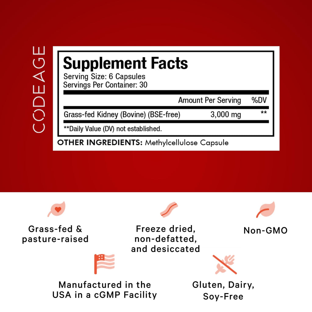 Codeage Grass Fed Beef Kidney Supplement - Freeze Dried, Non-Defatted, Desiccated Glandulars Nutrition Bovine Pills – Pasture Raised Beef Vitamins - Non-GMO -180 Capsules Codeage Au supplements