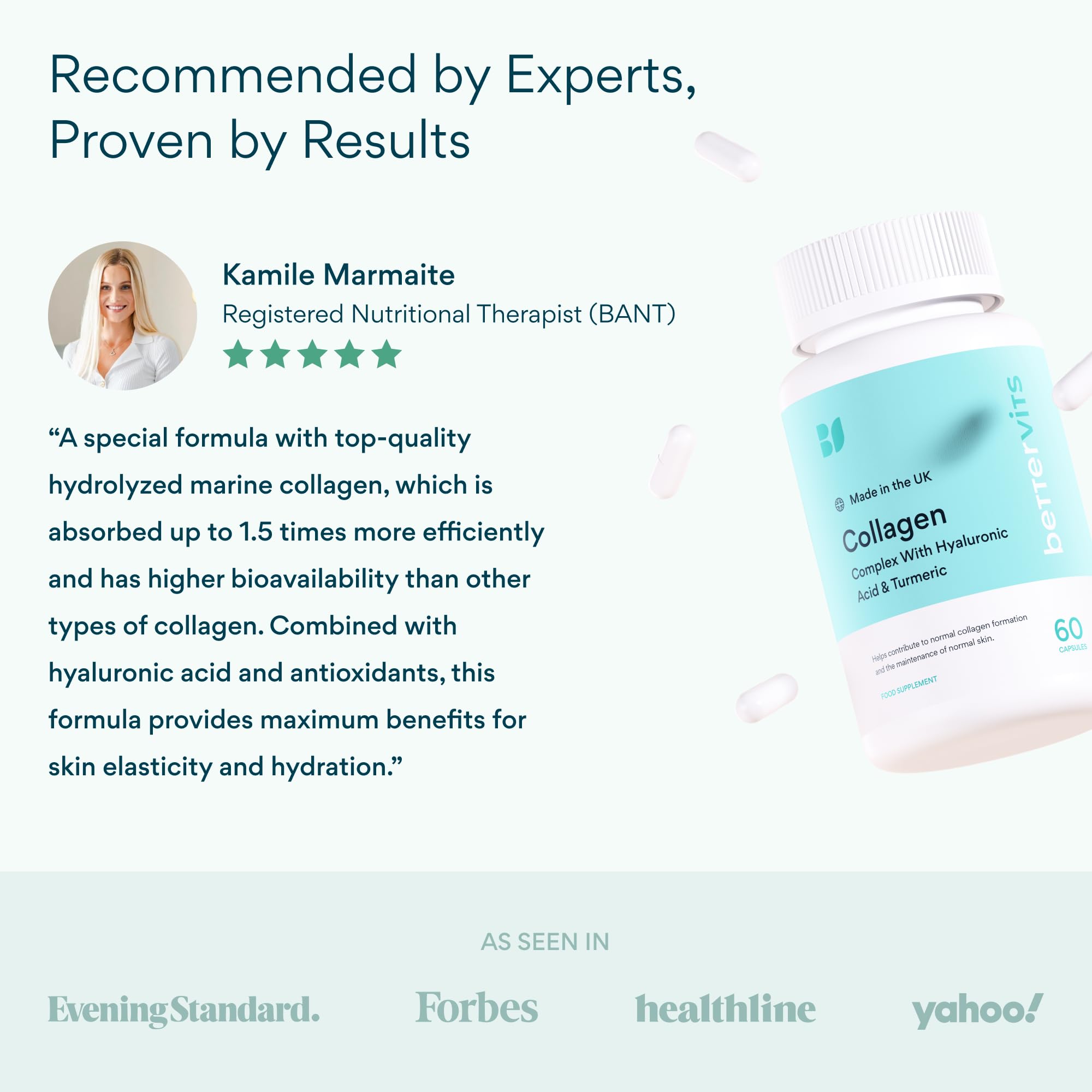 Bettervits Collagen Peptides Complex with Hyaluronic Acid & Turmeric | Hydrolyzed Marine Collagen Supplements for Women & Men | Collagen with Vitamin C