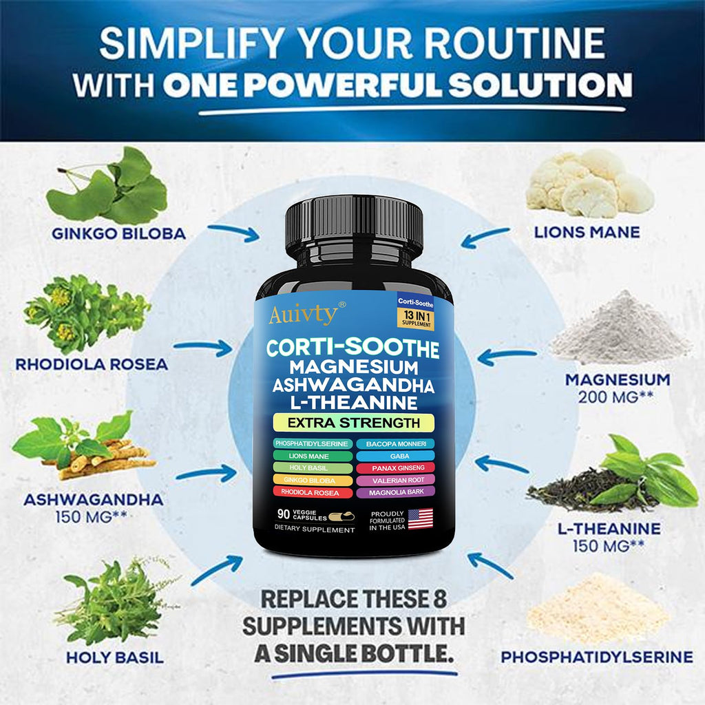 Auivty Cortisol Manager & Adrenal Support - Cortisol Reducer for Stress Relief, Calm & Sleep - 13-in-1 Adaptogen with Ashwagandha & Magnesium - 180 Capsules (2-Pack) Auivty Au supplements