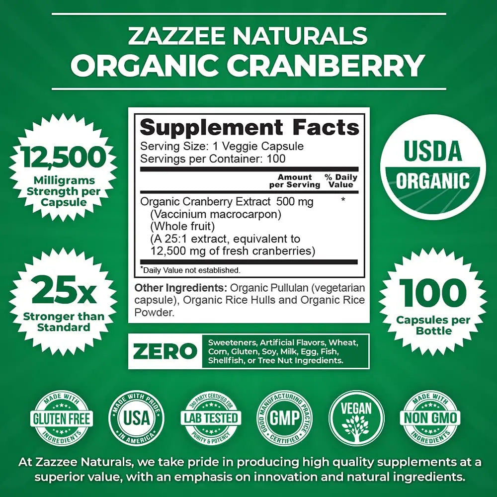 Zazzee USDA Organic Cranberry 25:1 Extract, 12,500 mg Strength, 100 Vegan Capsules Zazzee Au supplements