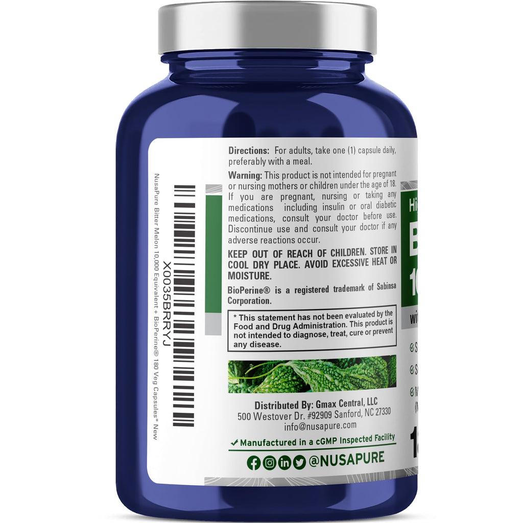 NusaPure Bitter Melon Extract 10,000 mg 180 Vegan Caps (100% Vegetarian, Non-GMO, Gluten-Free, 10% Bitter Principles) Bioperine NusaPure Au supplements